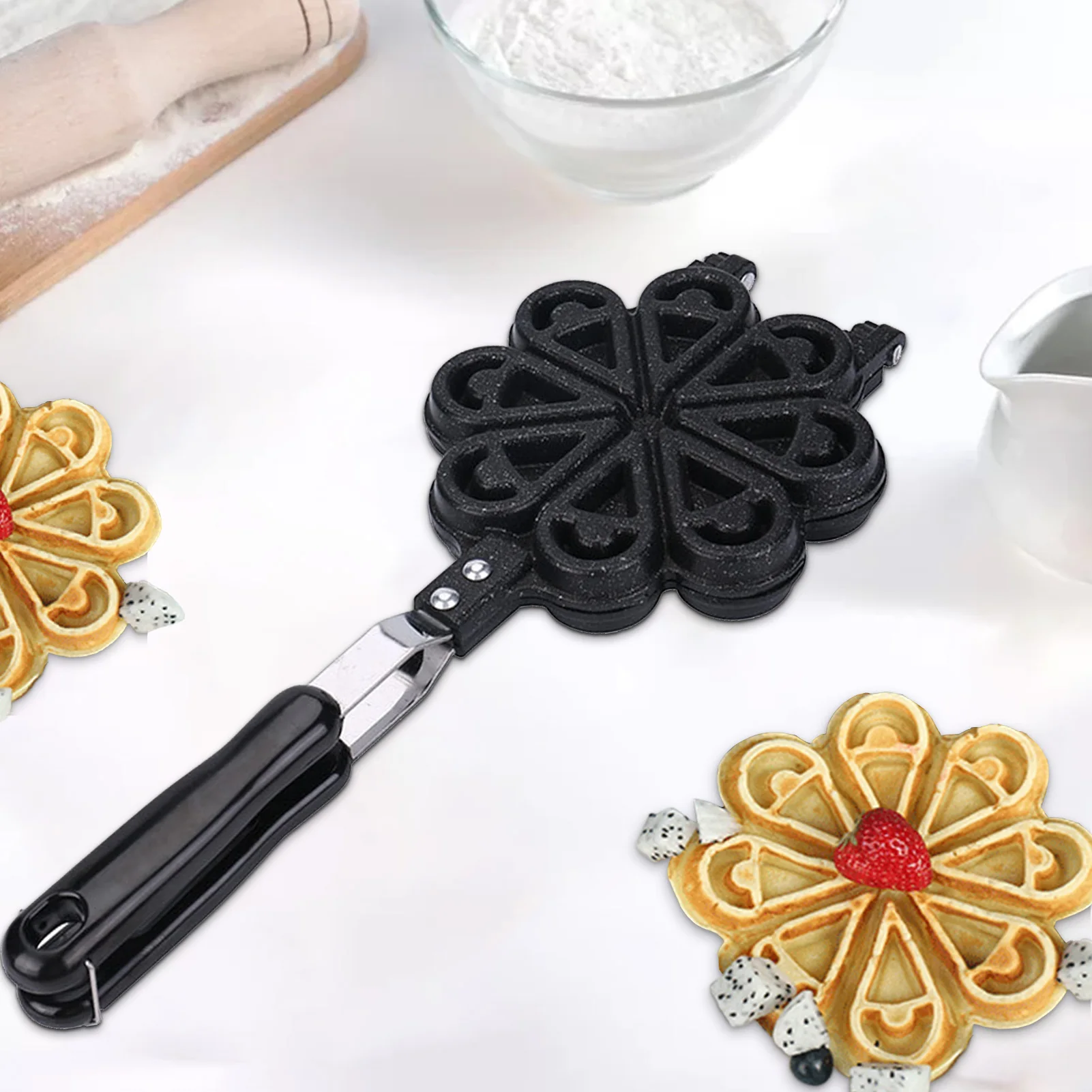

Stove Top Waffle Maker Easy Clean Non-Stick Coating Heart-shaped Flip Plates For Snacks Breakfast Mini Waffle Baking