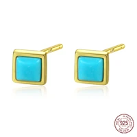 blue turquoise 925 sterling silver stud button earrings jewelry for women petite genuine square shape fashion ethnic earrings