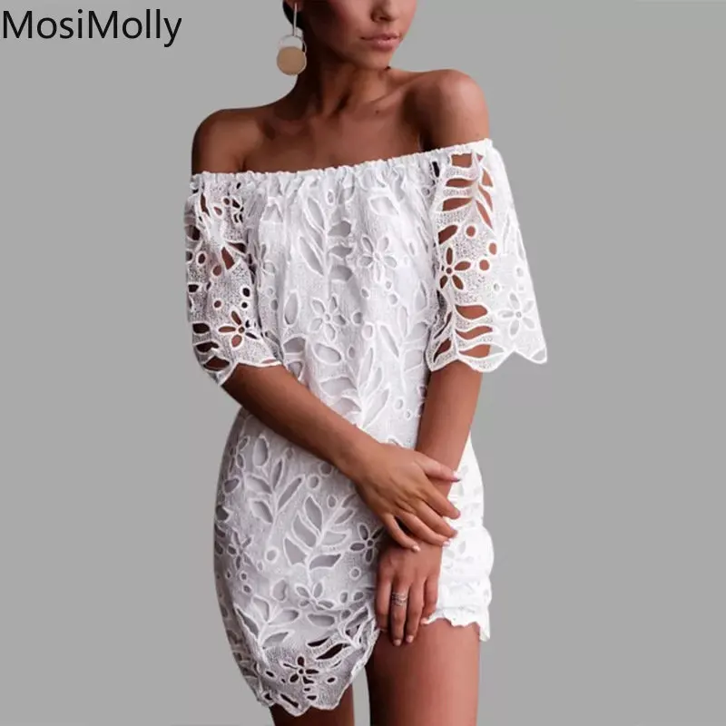 

MosiMolly 2023 кружевное платье, женское мини-платье с открытыми плечами, вечернее женское Клубное платье, белое кружевное платье, кружевное вязаное платье