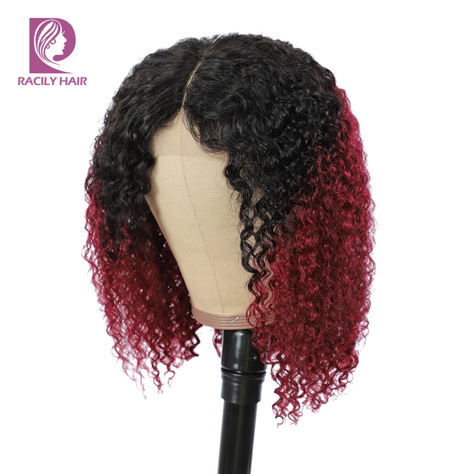 Afro Kinky Curly Middle Part Wig Lace Closure Human Hair Wigs Ombre Burgundy Color 4x4 Lace Wig Brazilian Remy Curly Hair Wig