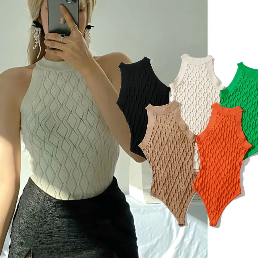 

Elmsk Fashion High Street Summer Bodysuits Women England Style Vintage Texture Knitted Sexy Tank Tops