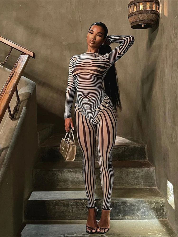 

Whatiwear Sexy Mesh 2 Piece Set Women Striped Sheath Body-Shaping High Street Sexy Hipster Long Sleeve Female Streetwear Outfit