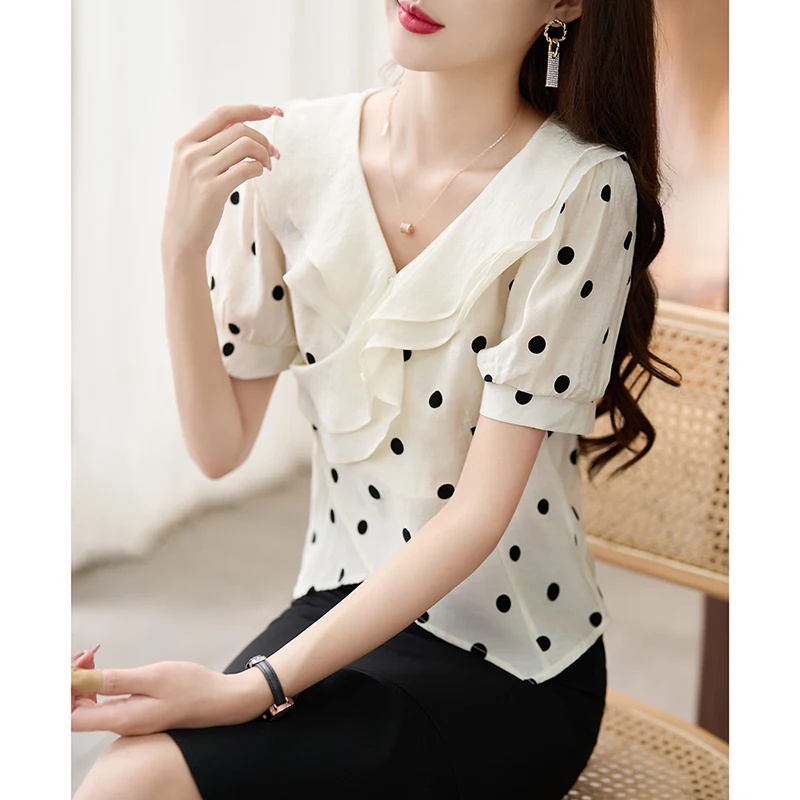 

French wave point shirt female temperament crossing summer new cultivate one's morality falbala v-neck hubble-bubble sleeve chif