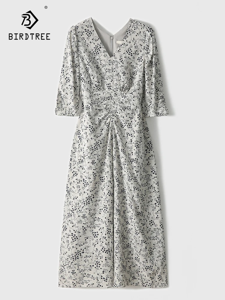

Женское шелковое платье с принтом Birdtree, милое платье из 100% тутового шелка с маленькой пуговицей, вечерние платье для отдыха на осень, D30006QC