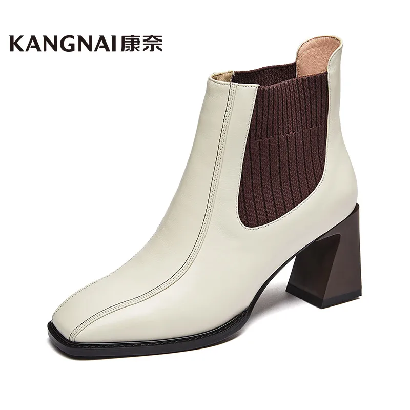 

Kangnai Chelsea Boots Women Cow Leather Square Toe Ankle Boots High Heels Elastic Band Slip-On Office Lady Shoes