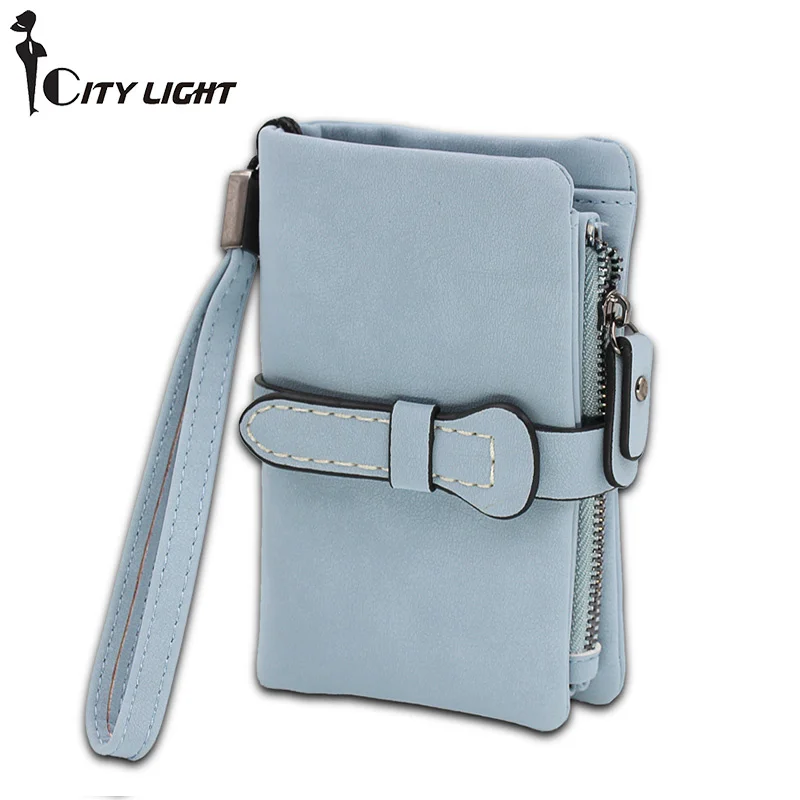 

Multifunction Short Purse Fold Women Wallets Drawstring Nubuck Leather Zipper Wallet With Wrist strap Ladies Carteira Feminina