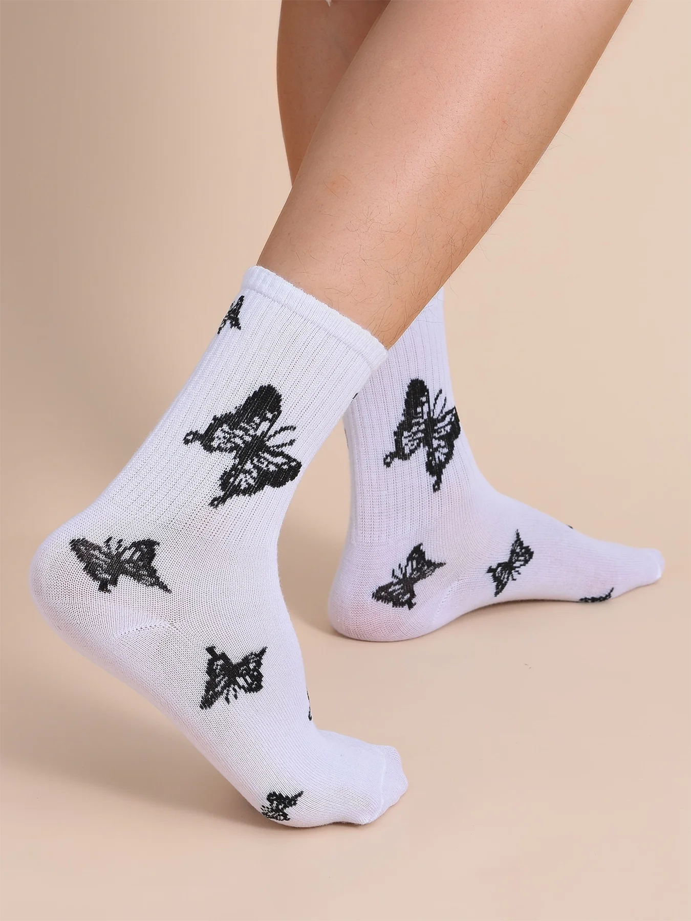 5 Pairs of Women's Mid Length Stockings Set in  Black And White With Butterfly Pattern Popular and versatile Sweat Absorption