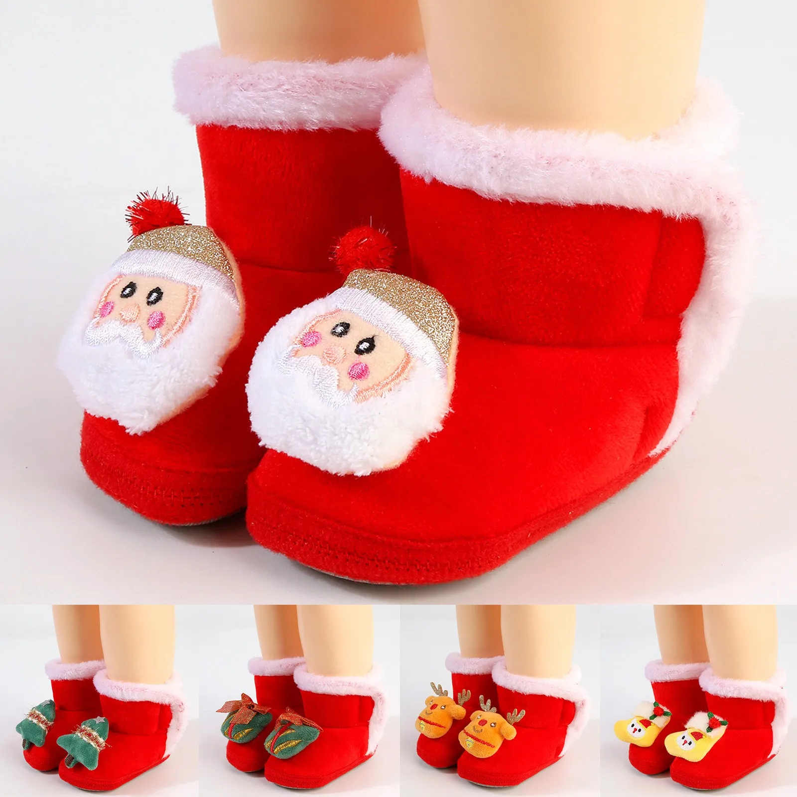 

Baby Christmas Shoes Winter Infant High Top Snow Boots Thick Plush Warm Toddler Anti-skid Soled Xmas Gift Newborn First Walkers