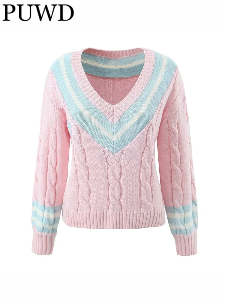 

Повседневные женские розовые вязаные свитера PUWD 2022, Осень-зима, модные женские повседневные Пуловеры с V-образным вырезом и длинными рукава...