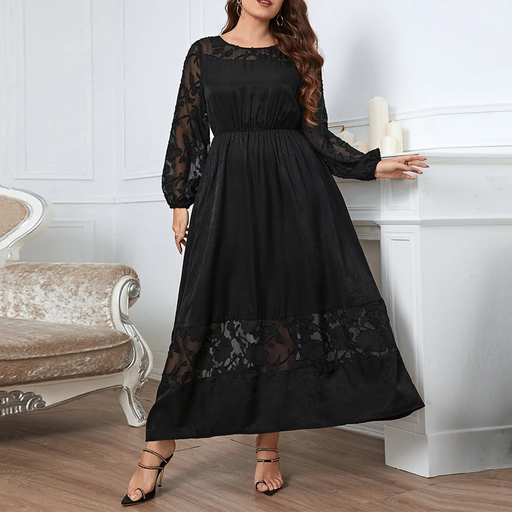 

Plus Size Women Soild Color Long Dress Long Sleeve Autumn Lace O Neck Slim Fit Vintage Autumn Elegant Dresses