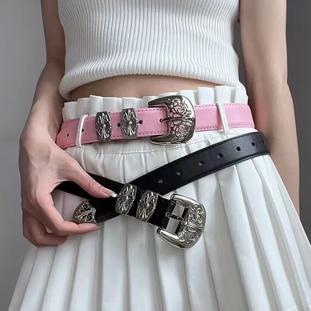 

New Hollow Carved Cross Buckle Belts For Women Vintage Waist Belt PU Leather Trendy Decorative Jeans Waistband Accessories