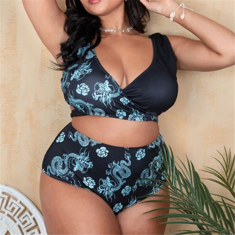 

Dark Blue 2022 Bikini Women Dragon Print Lace-Up Two-Piece Swimsuit High Waist Swimwear Women's Summer Beachwear Swimwear