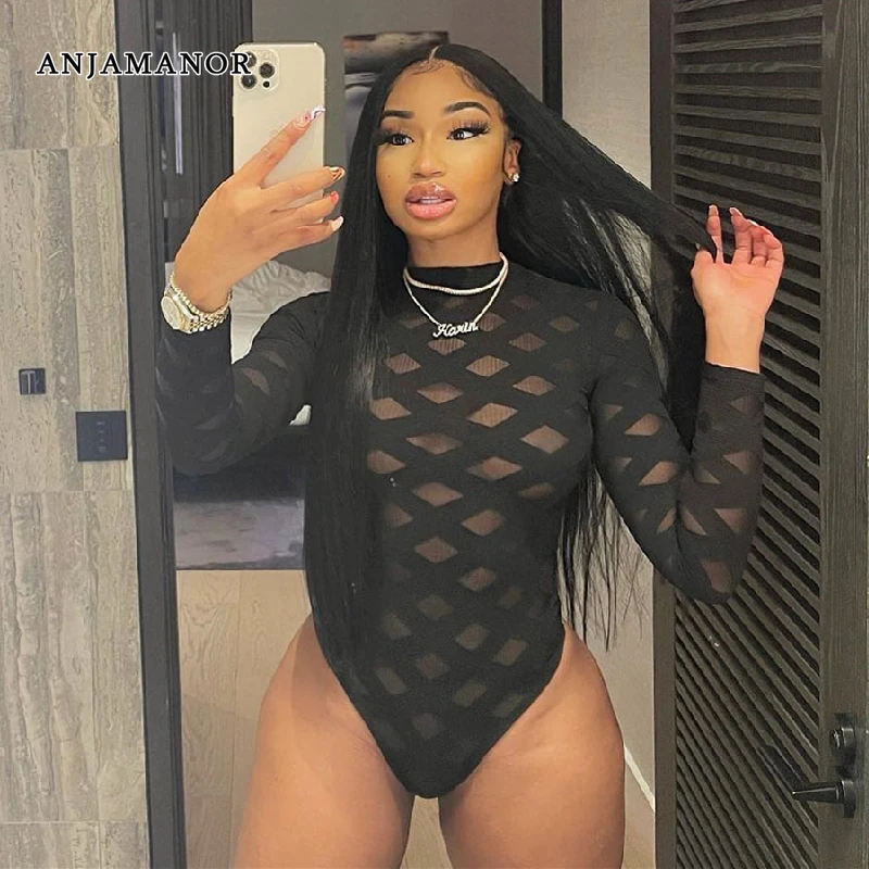 

Женское прозрачное боди с длинным рукавом, черного цвета