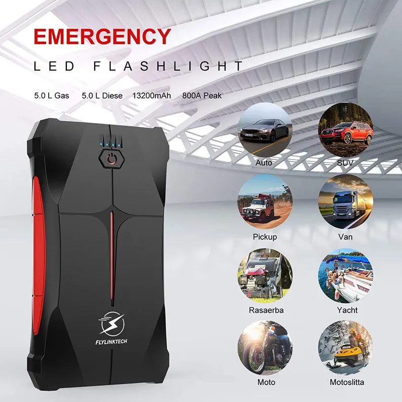 

800A Peak Portable Car Battery Jump Starter (Up to 5.0L Gas or 4.0L Diesel Engine) with Smart Safety Jumper Cord, LED Torch