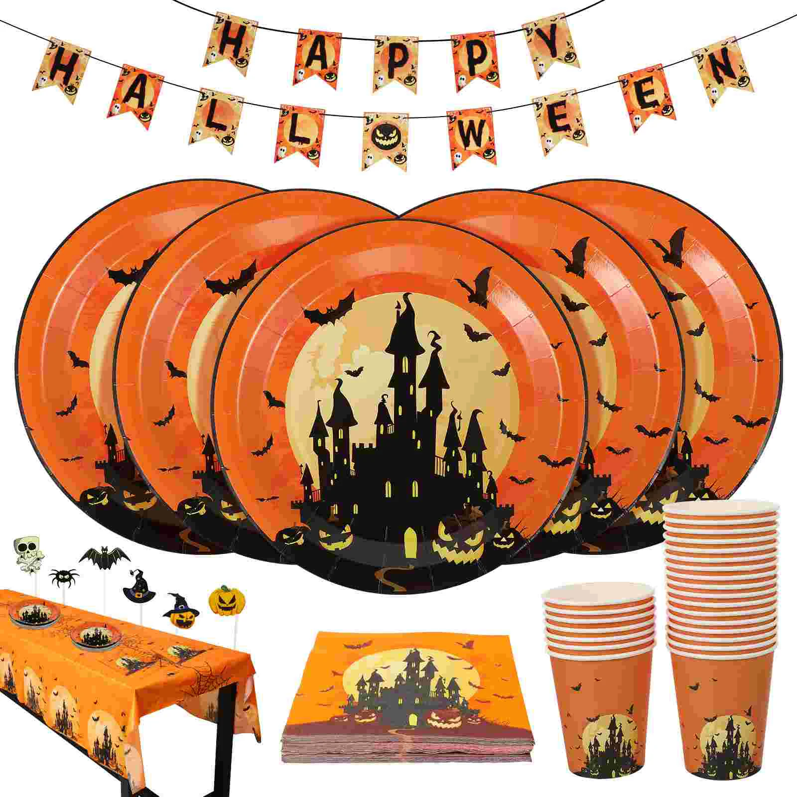 

1 Set Halloween Tableware Paper Plate Cup Napkin Cake Topper Banner Tablecloth Party Decoration Supplies
