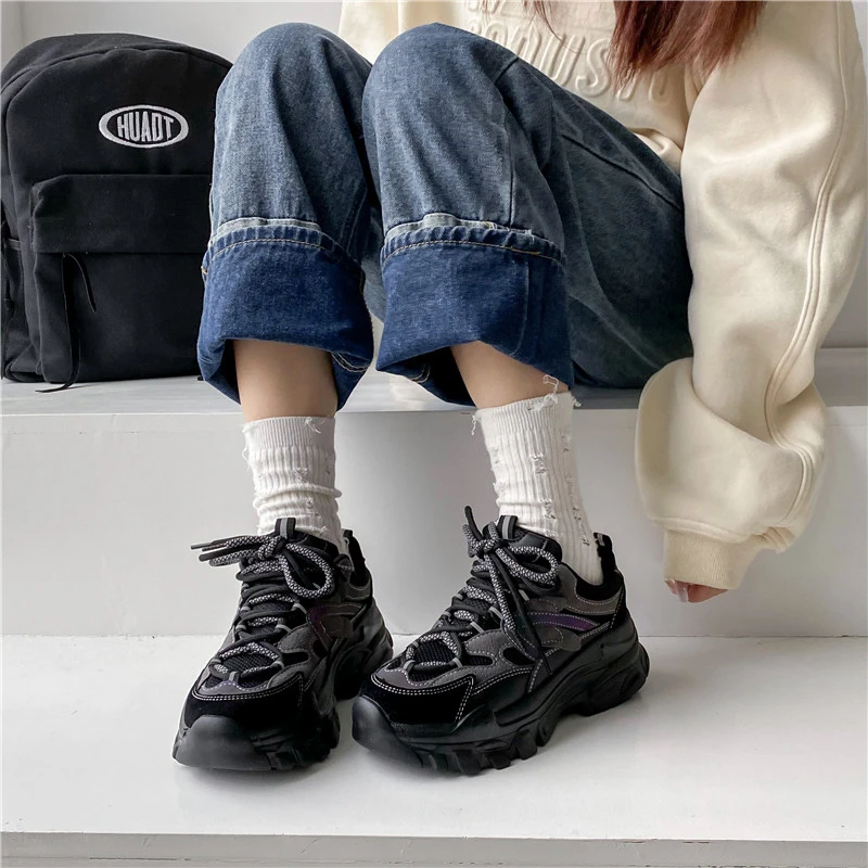 2023 New Spring Women Casual Sneakers Woman Fashion Platform Flats Lace Up Outdoor Walking Shoes Black