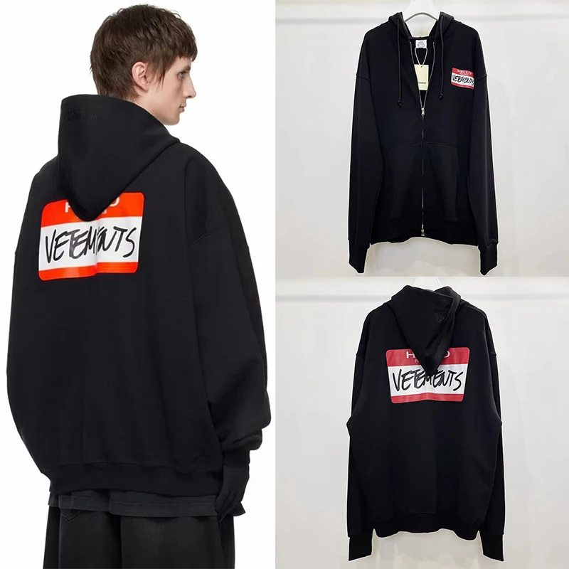 

Red Label Printed Vetements Coat Unisex 1:1 Black Hooded Sweatshirt Drawstring Pocket Zipper Casual Loose Streetwear VTM Hoodies