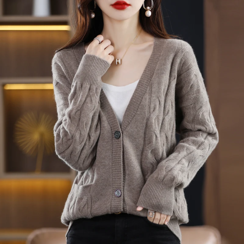 Fall/Winter 2022 100% Pure Wool Cardigan Women's V-Neck Sweater Jacket With Thick Twist Floral Loose and Lazy Style Top