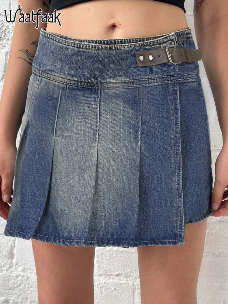 

Waatfaak Casual Jean Pleated Skirt Wrap Street Buckle Vintage Y2K Aesthetic Cargo Mini Skirt Women Retro Club Fashion Blue Punk