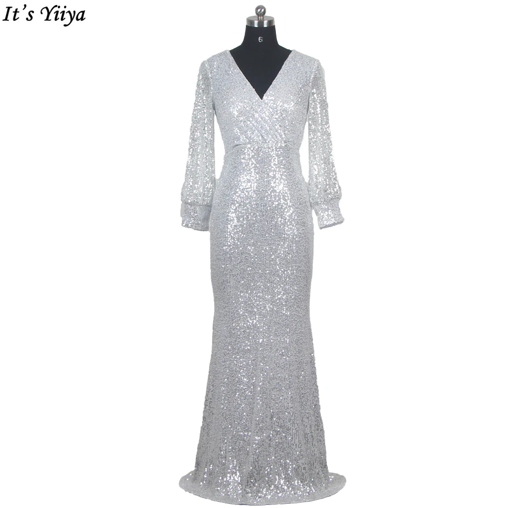 

Clearance Evening Dresses Sliver Sequins V-neck Full Sleeves Zippe Back Floor Length Size 6 Mermaid Women Party Dress ZP019