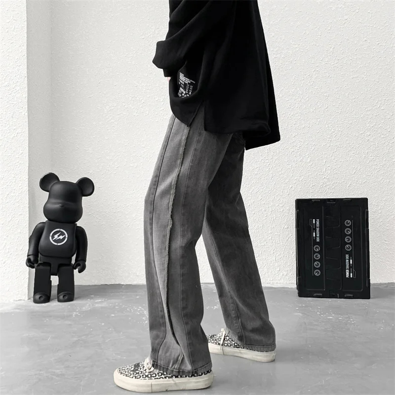 DEEPTOWN Patchwork Gray Jeans Men Casual Straight Denim Pants Streetwear Hip Hop Trousers Male Loose Vintage Fashion Spring