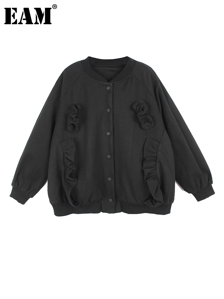 

[EAM] Свободная Черная куртка с оборками большого размера, Новое Женское пальто с воротником-стойкой и длинным рукавом, модная весенне-осенняя 2023 1DF1784