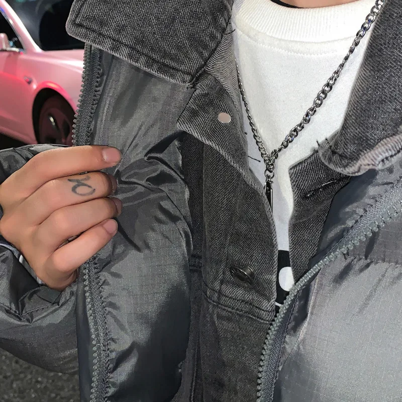 Winter Jacket Men Warm Fashion Casual Denim Stitching Thicke Short Coat Men Korean Loose Oversized Down Jacket Mens Parker M-2XL