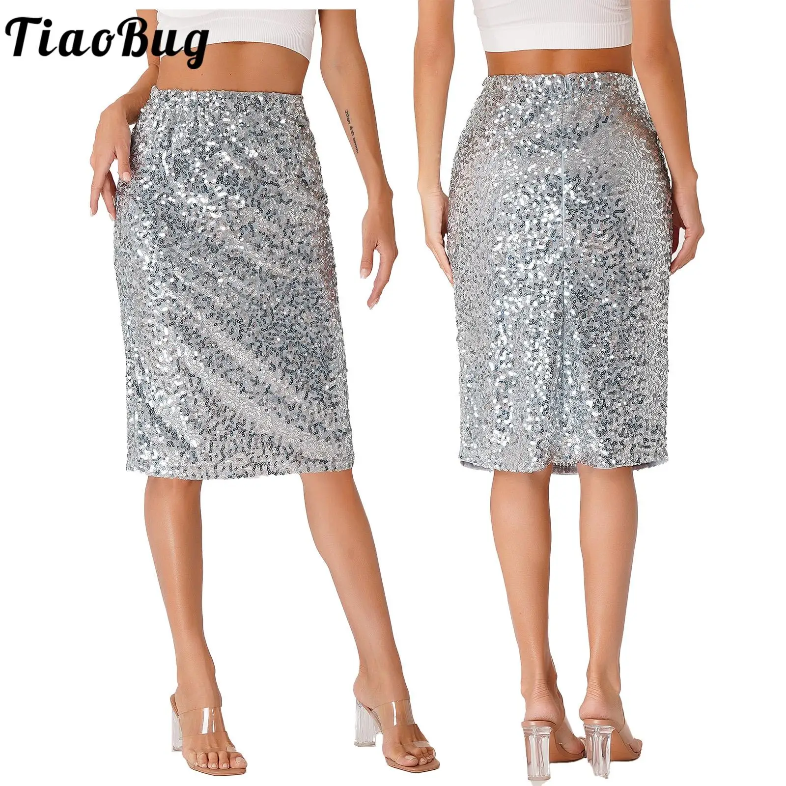 

Женская модная юбка-карандаш с блестками с высокой талией, эластичный пояс, невидимая молния, миди-юбки для ночного клуба, Вечерние Коктейль...