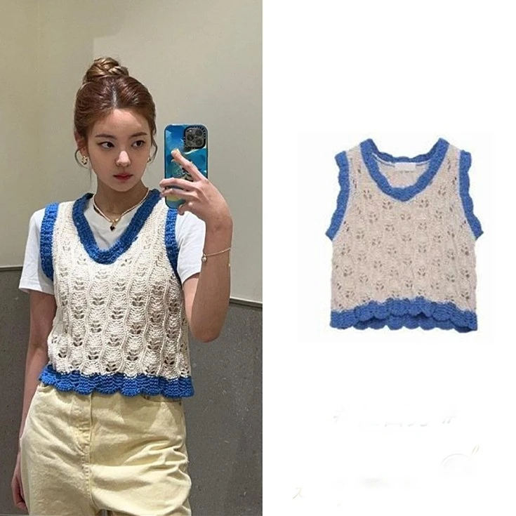 

Kpop ITZY Women Thin Summer Fashion Slim V-neck Sweater Vests Korean Sweet Elegant Hollow Out All-match Female Casual Retro Tops