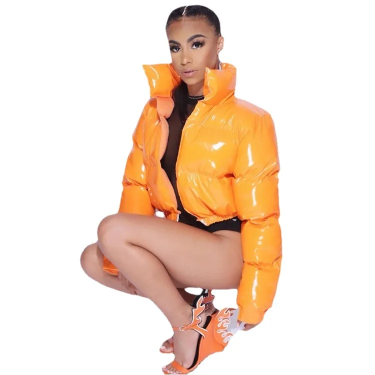 European and American Women's Autumn and Winter Skin Padded Jacket Solid Color Mirror Zipper Coat Large Size Winter Coat