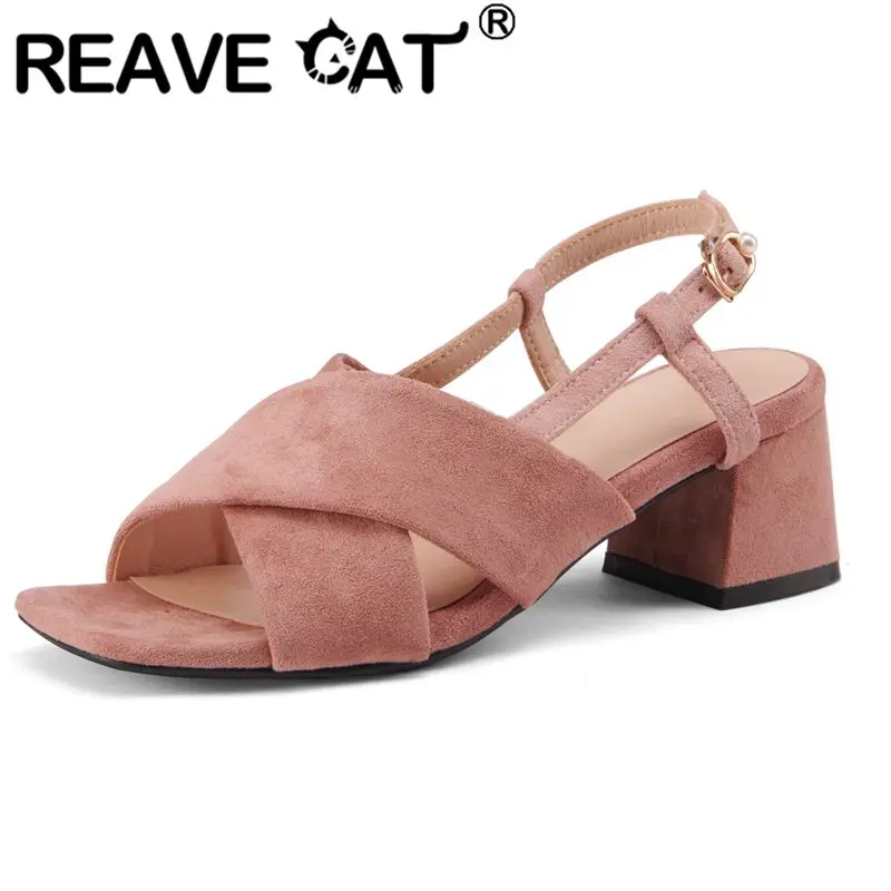 

REAVE CAT Women Shoes Sandals Open Toe Block Heels Flock Back Buckle Strap Daily Big Size 31-43 Solid Black Beige Summer S3622