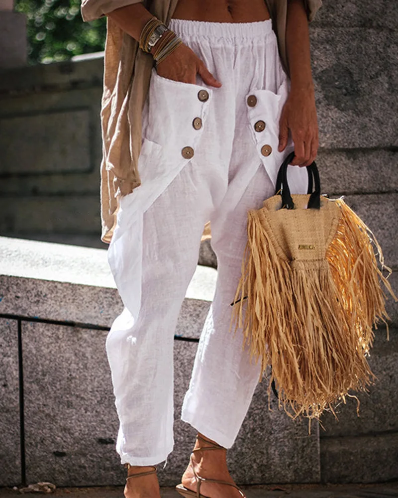 

Женские шаровары на пуговицах, однотонные брюки до щиколотки с карманами, весна-лето