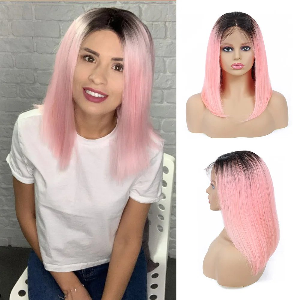 

Short Bob Human Hair Wigs 180% Density 13x4 Lace Front Wigs for Black Women Cosplay Ombre 1B Black Root Pink Wig Pre Plucked