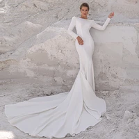 long sleeve mermaid wedding dresses 2021 boat neck white simple bridal gown for women satin backless sweep train custom made