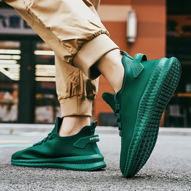 Зеленые кожаные кроссовки мужские дышащие для ходьбы и бега мужская спортивная