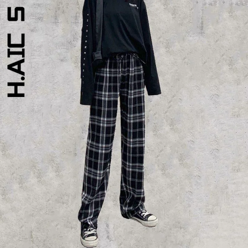 

Женские брюки с завышенной талией H. АИК, винтажные длинные брюки в клетку, модные корейские спортивные штаны, женские брюки