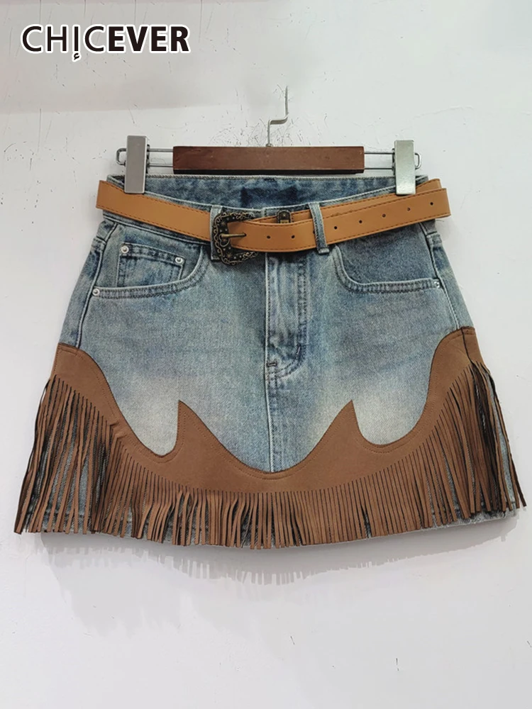 

CHICEVER Patchwork Tassel Denim Skirts For Women High Waist Spliced Belt Hit Color Folds Slim Bodycon Mini Summer Skirt Female