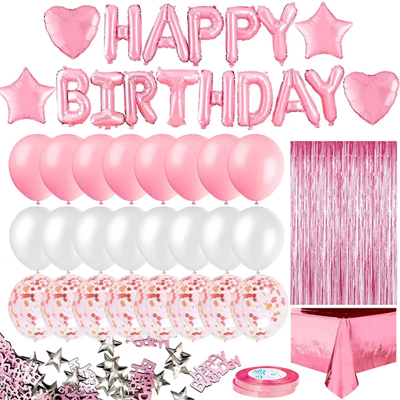 

Pink Birthday Party Decoration, Happy Birthday Banner, Rose Gold Fringe Curtain, Foil Tablecloth, Heart Star Foil Confetti Ballo