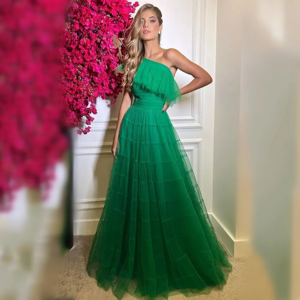 Купи Sexy Green Tulle Engagement Formal Evening Dress One Shoulder Pleats A-line Women Prom Party Gowns Vestidos De Fiesta за 6,515 рублей в магазине AliExpress