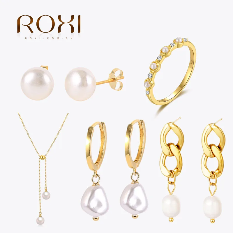 

ROXI 925 Sterling Silver Summer Pearl Jewelry Set Elegant Beach Travel Necklace Ring Earrings For Women 18K Gold Plated Bijoux