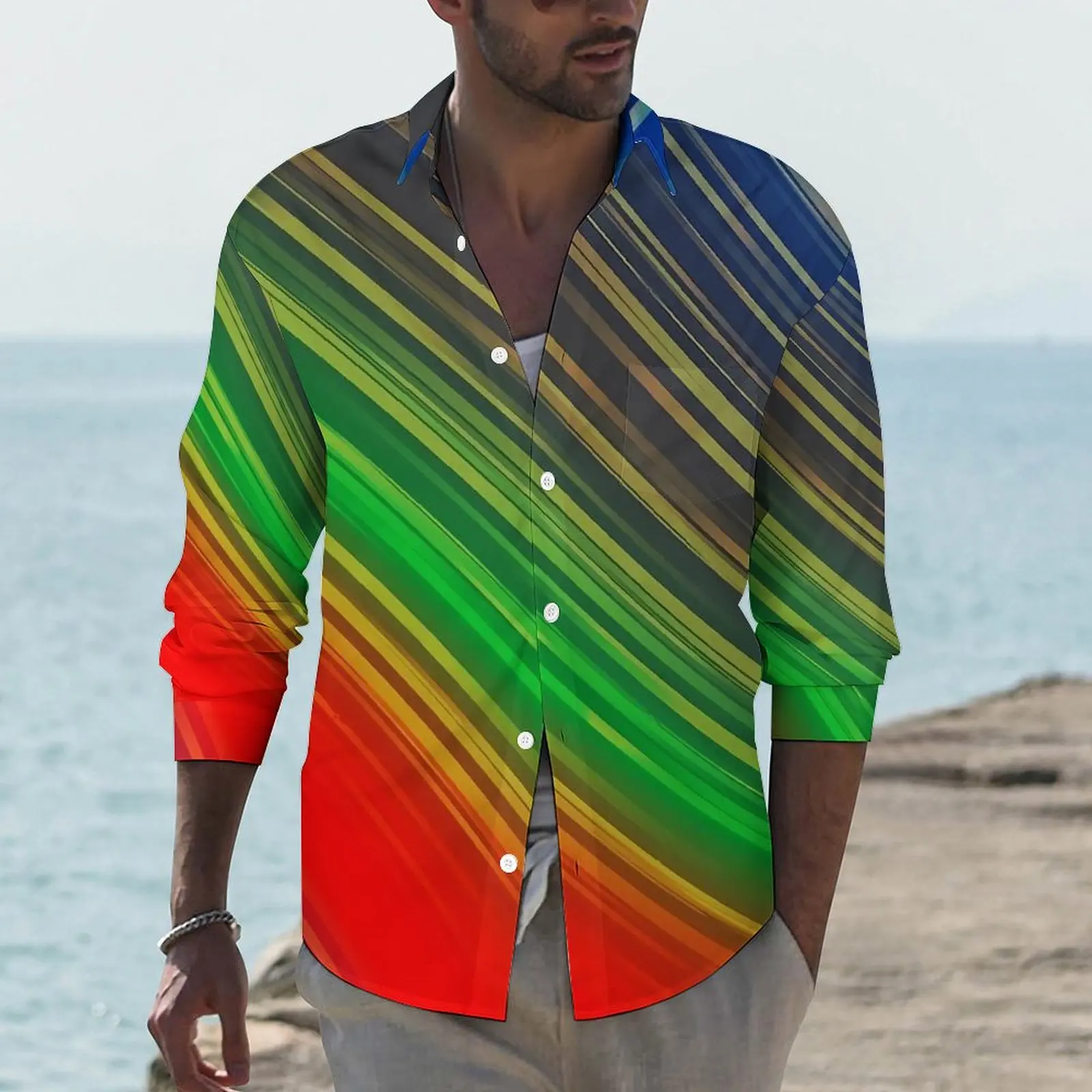 

Rainbow Striped Shirt Mens Colorful Abstract Casual Shirts Autumn Streetwear Print Blouses Long Sleeve Vintage Oversized Clothes