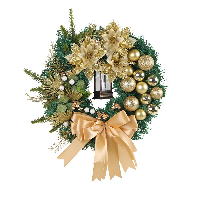 

40cm Christmas Golden Flower Christmas Ball Wreath PVC Pine Needle Garland Door Hanging Decoration For Home 2023 Navidad Noel