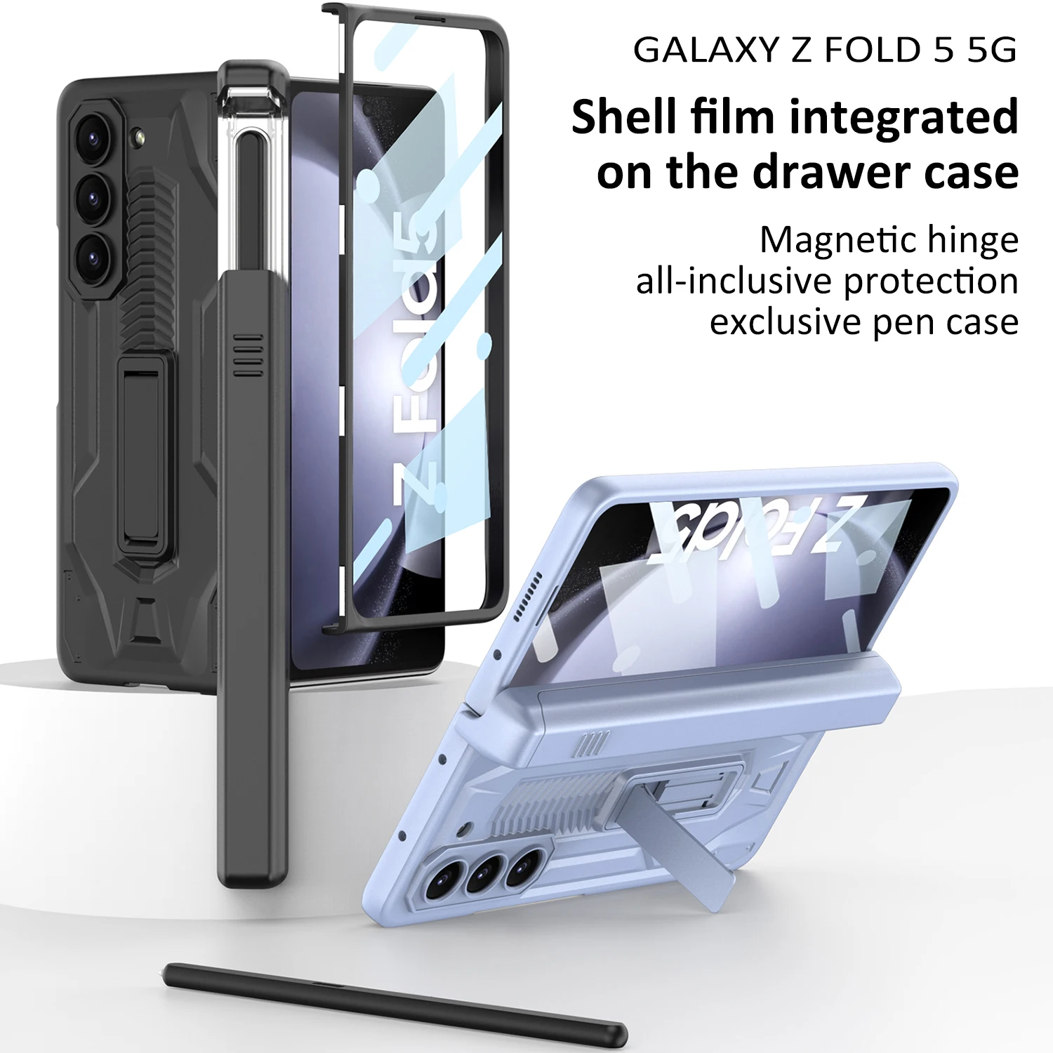 

Ударопрочный чехол для Samsung Galaxy Z Fold 5, чехол с магнитными петлями S, держатель для ручек, чехол для Z Fold5 с подставкой, пленка для экрана