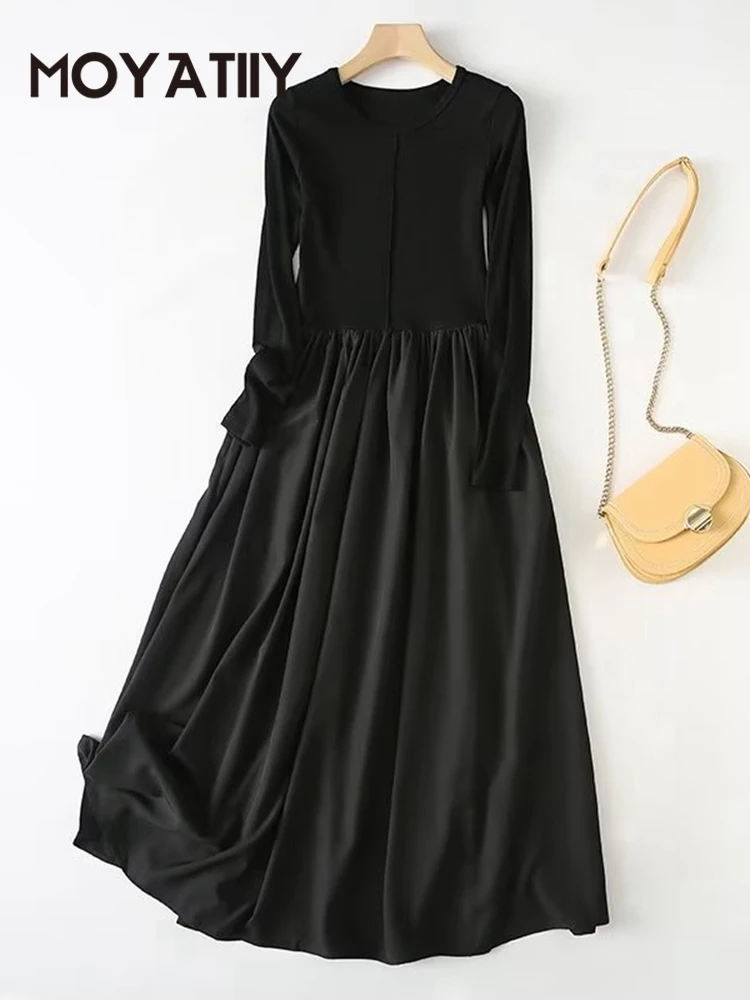 

Модное женское осенне-зимнее платье MOYATIIY, однотонные черные вязаные платья средней длины в стиле пэчворк, женские платья с длинным рукавом