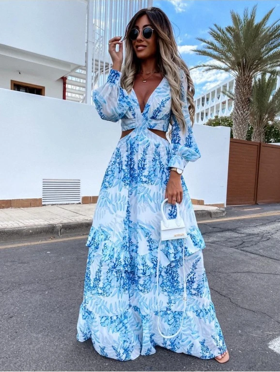 

Женское ажурное длинное платье макси, летнее сексуальное платье с V-образным вырезом и рукавами-фонариками, Клубные женские платья с открыт...