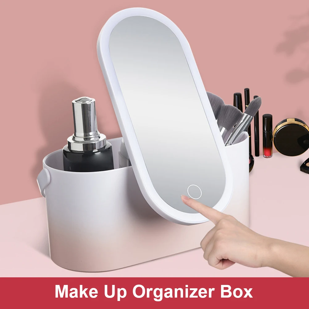 

New Portable Makeup Organizer Box With LED Light Mirror Touch Light Makeup Storage Case Travel Cosmetics Carrying Case