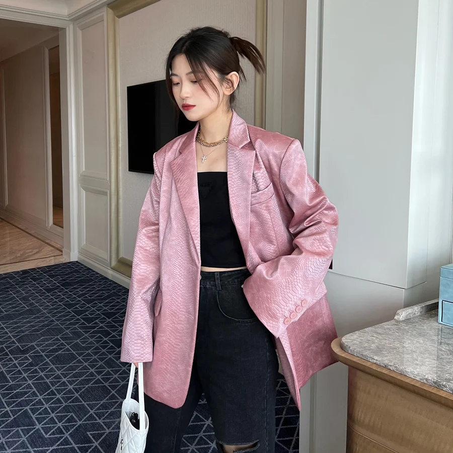 Fashion Faux Leather Women Loose Blazer 2023 Spring Autumn New Pink Crocodile Print PU Leather Jacket Female Outerwear Chic Tops
