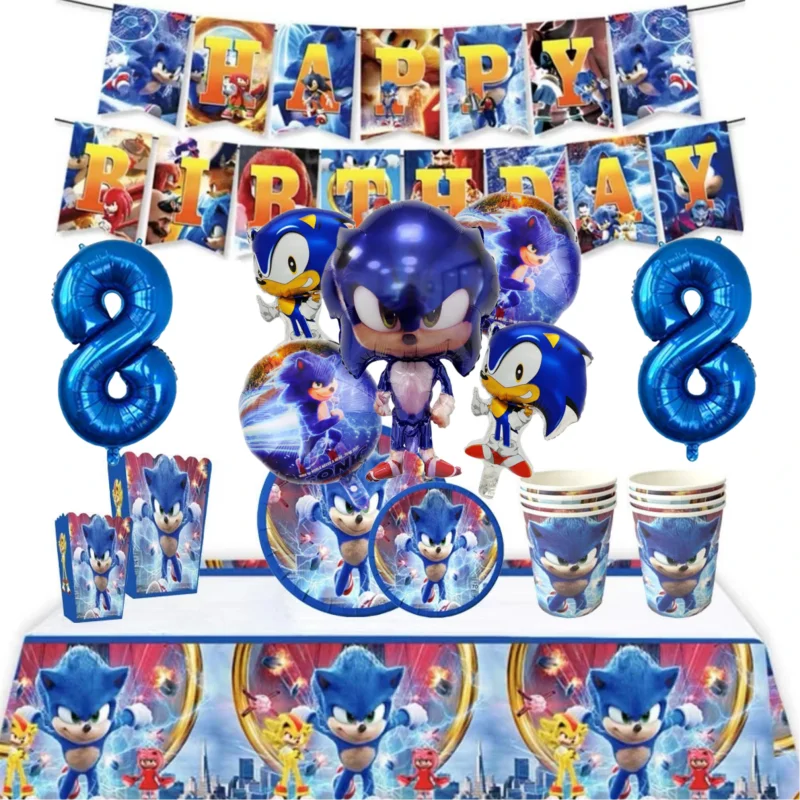 

Blue Sonic Balloons Kids Toys 5th 6th 7th 8th Birthday Party Decoration Supplies Baby Shower Disposable Tableware Cake Topper