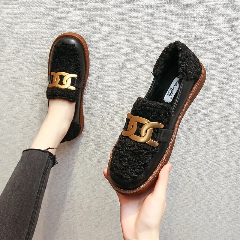 Plush Shoes Women Winter Outdoor Faux Fur Shoes for Women Plush Platform Shoes for Women Cotton Shoes Large Size 41-43 Loafers