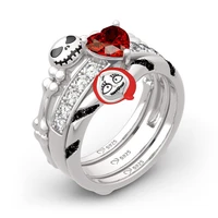 new vintage silver color 2 pcs sets devil pumpkin rings for women heart red cz stone inlay punk fashion jewelry party gift ring